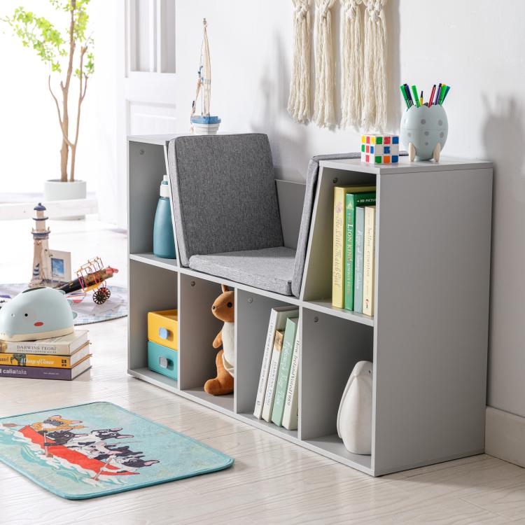 Grey kids bookcase with reading nook cushion and cubbies for books, toys, and decor