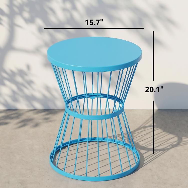 Blue hourglass side table with round top and metal wire base