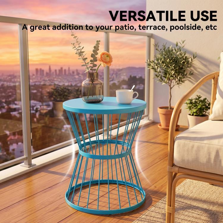 Blue hourglass side table with round top and metal wire base