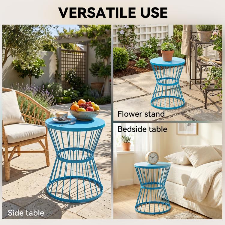 Blue hourglass side table with round top and metal wire base