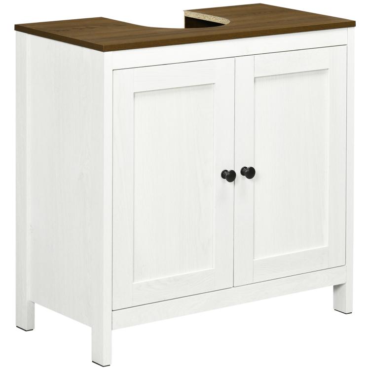 Freestanding bathroom sink cabinet with two doors, dark wood top, and countertop cutout