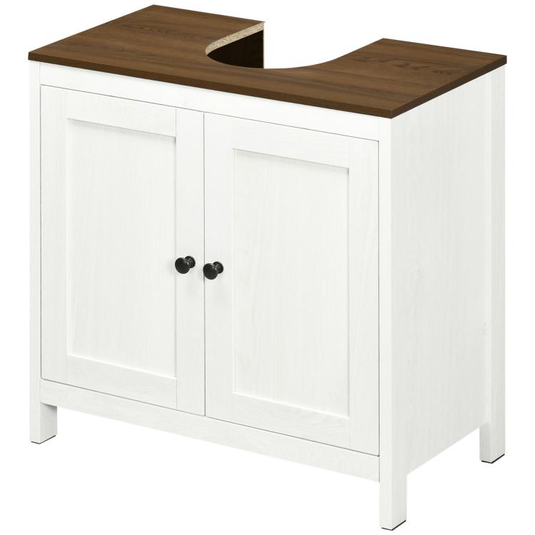 Freestanding bathroom vanity cabinet with two doors and dark wood top with sink opening