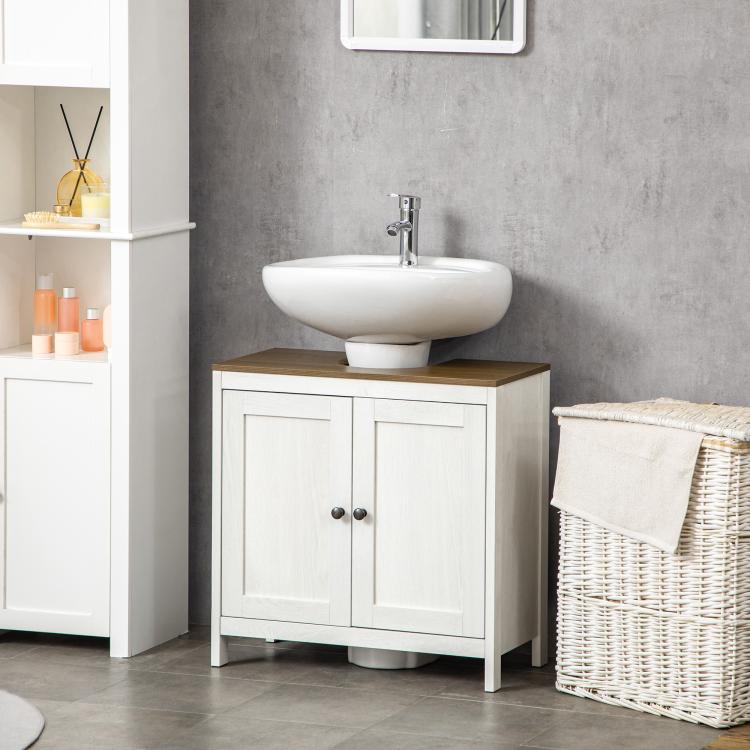Bathroom vanity cabinet with two doors and dark wood countertop, freestanding frame