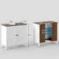 Freestanding bathroom sink cabinet with sink cutout; side view shows open interior storage
