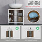 Bathroom sink cabinet with open doors and adjustable shelf for storage items inside