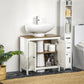 Bathroom sink cabinet with open doors showing storage shelves and countertop cutout