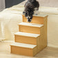 Wood pet stairway with white padded steps, shown with a small dog on the top step
