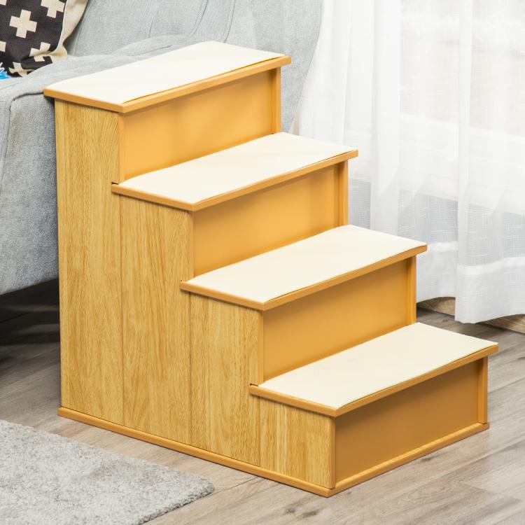 Natural wood pet stairs with four cushioned steps and light-colored treads