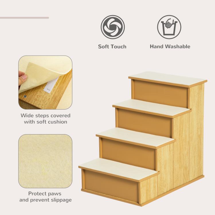 Natural wood pet stairs with soft cushioned step covers and removable cover panels