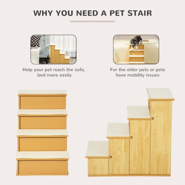 Pet stair design with stacked steps and natural wood side panels