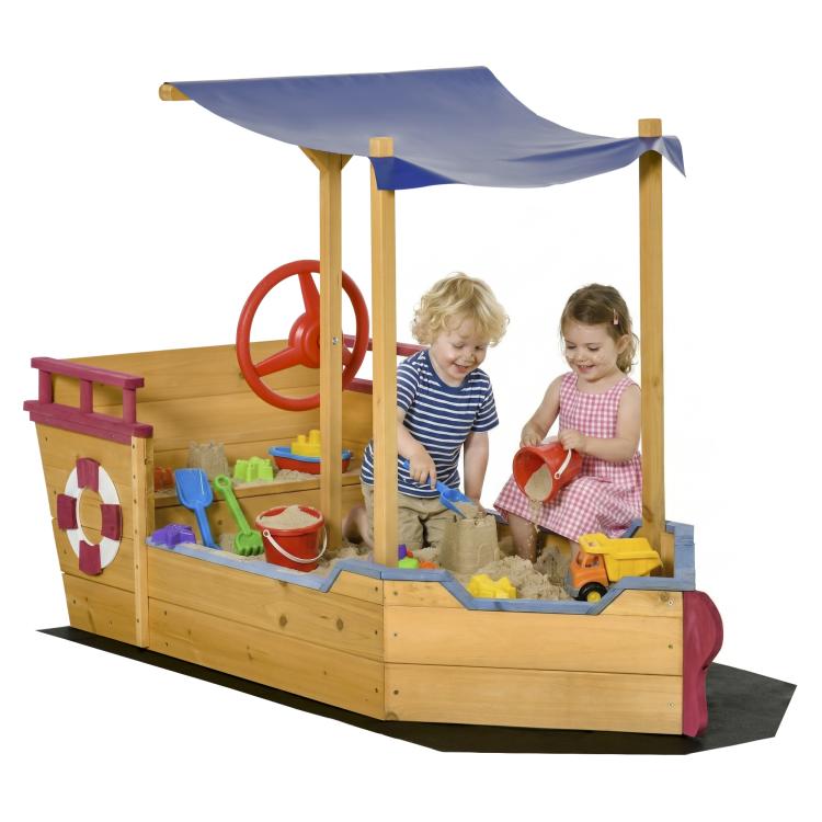 Kids wooden sandbox with blue canopy, bench seating, and red wheel play feature