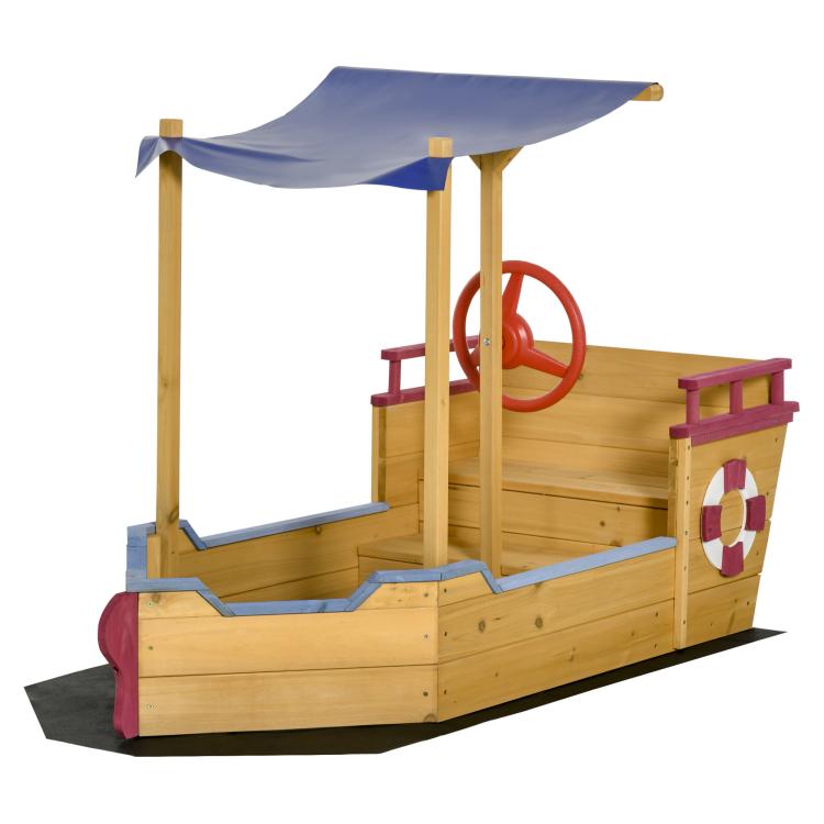 Wooden kids sandbox boat-style with blue canopy, bench seat, and red wheel