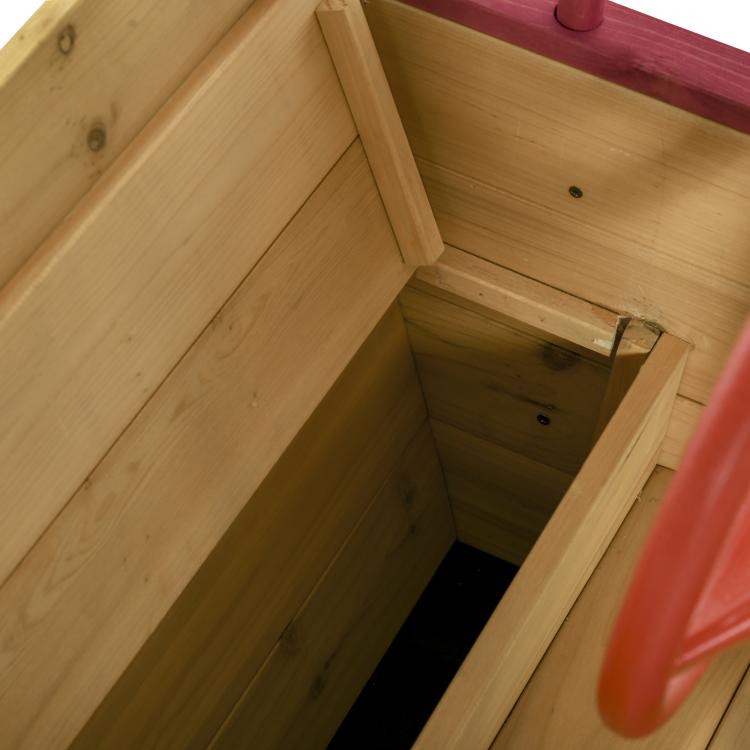 Wooden kids sandbox storage bench interior with open panel
