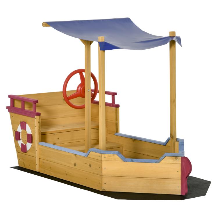 Kids wooden sandbox with canopy, blue sail top, bench seat and storage, purple wheels
