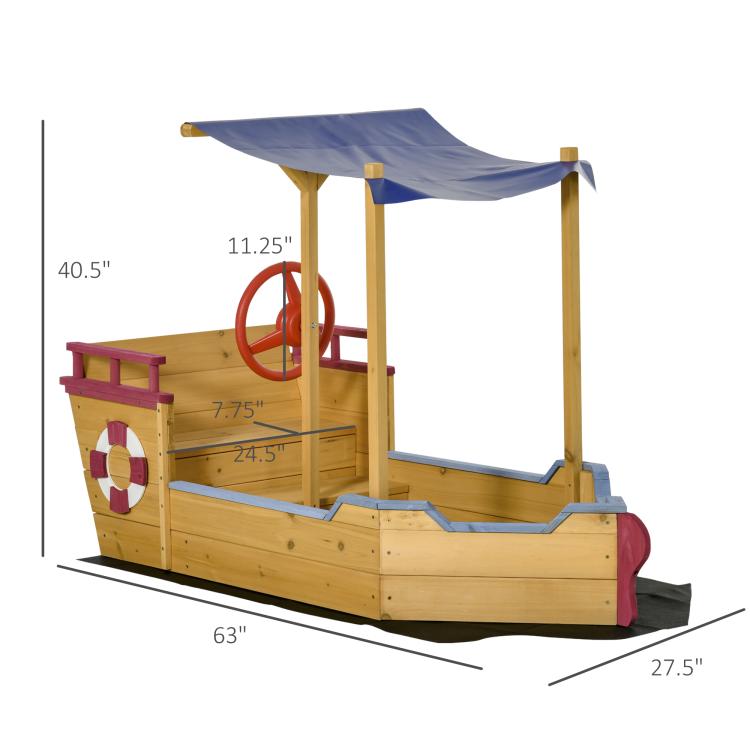 Kids wooden sandbox boat-style with blue canopy, bench seat, and red wheel