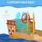 Boat-style kids wooden sandbox interior view with red wheel and blue bench side