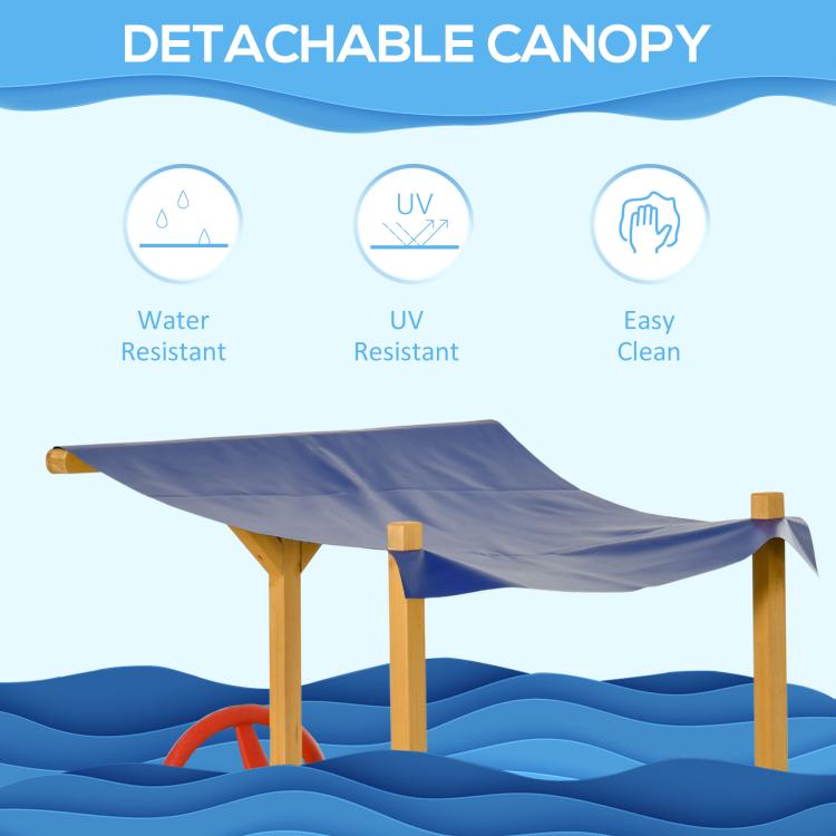 Kids wooden sandbox with blue detachable canopy and wooden posts