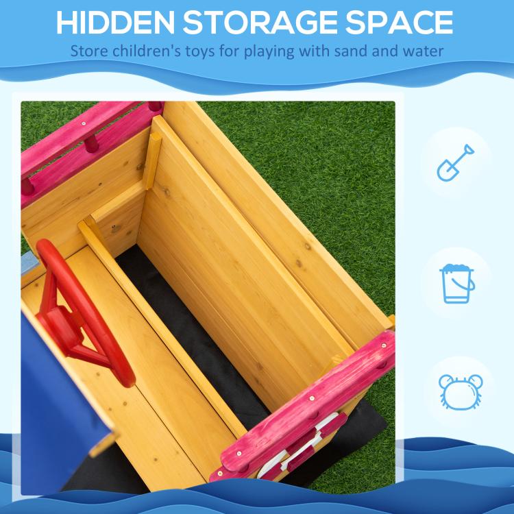 Kids wooden sandbox with interior storage compartment under bench seat