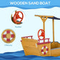 Wooden kids sandbox boat-style with red wheel rudder and lifebuoy details
