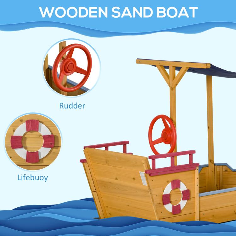 Wooden kids sandbox boat-style with red wheel rudder and lifebuoy details