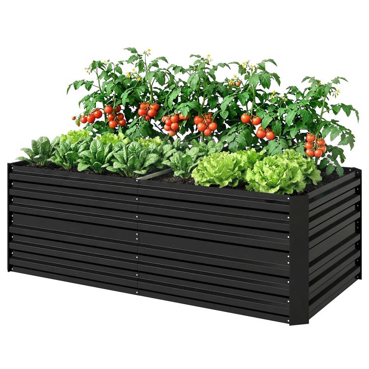 Black steel raised garden bed planted with green vegetables and tomatoes