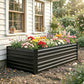 Black steel raised garden bed planter with slatted sides and square corner posts