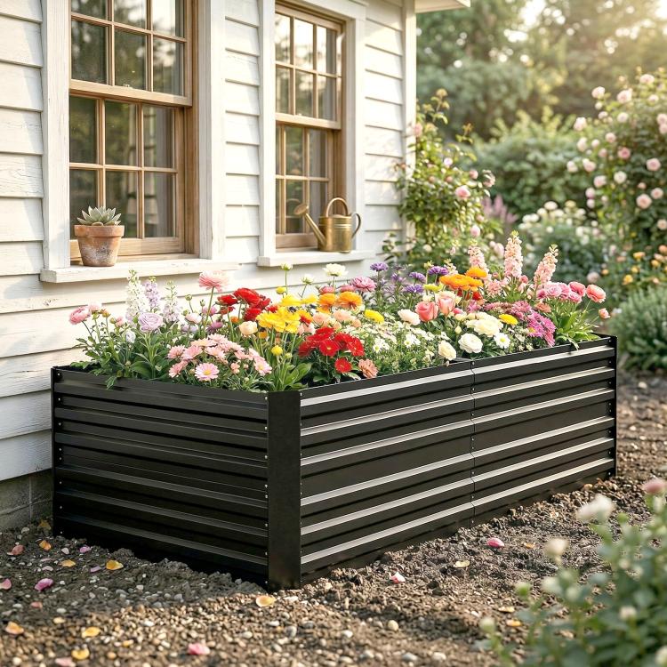 Black steel raised garden bed planter with slatted sides and square corner posts