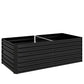 Black metal raised garden bed with slatted panels and reinforced corner frame