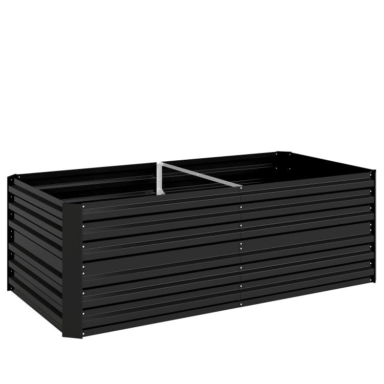 Black metal raised garden bed with slatted panels and reinforced corner frame