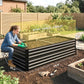 Black steel raised garden bed with slatted sides, measuring guide overlay