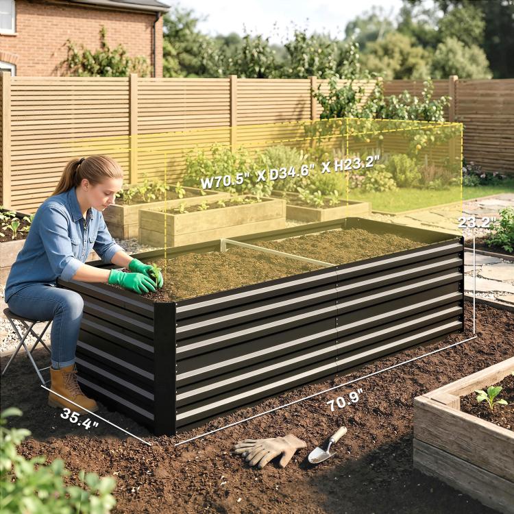 Black steel raised garden bed with slatted sides, measuring guide overlay