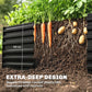 Black steel raised garden bed with extra-deep planting bed cross-section
