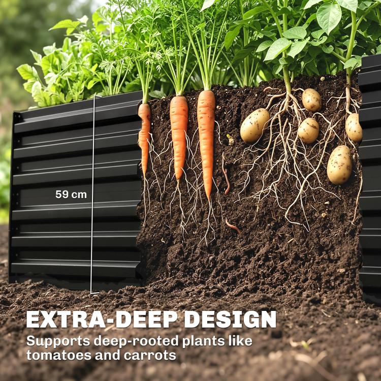 Black steel raised garden bed with extra-deep planting bed cross-section