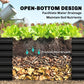 Black steel raised garden bed open-bottom design diagram with soil layers