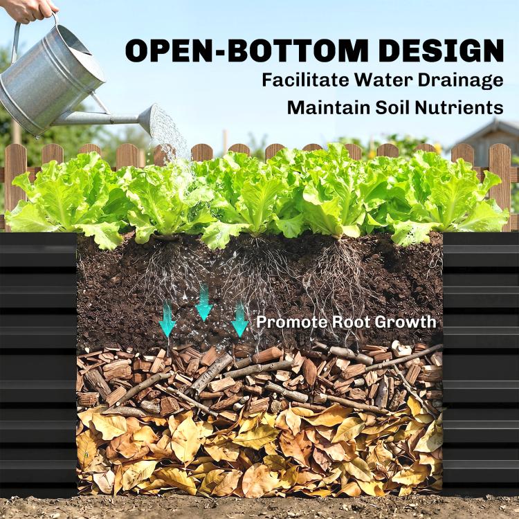 Black steel raised garden bed open-bottom design diagram with soil layers