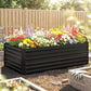 Black steel raised garden bed with bright flower border and slatted panels