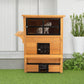 Outdoor wooden 3-tier cat shelter with dark window panels and square escape door