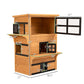 Wooden 3-tier cat house with labeled dimensions, large side openings, and escape door