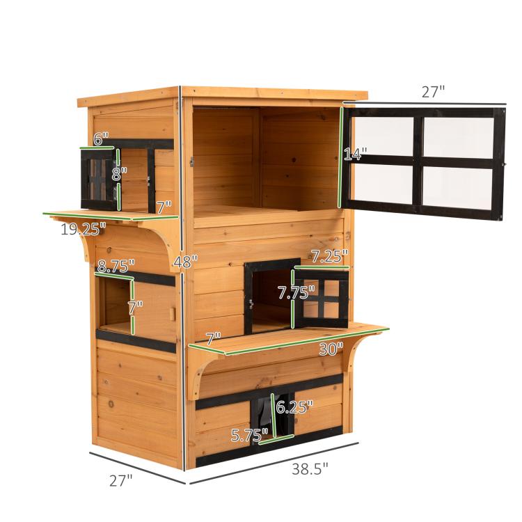 Wooden 3-tier cat house with labeled dimensions, large side openings, and escape door