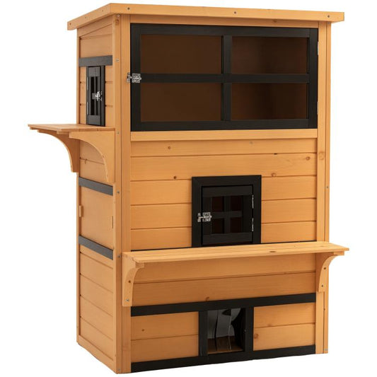 Outdoor wooden 3-tier cat shelter with multiple windows and a front escape door