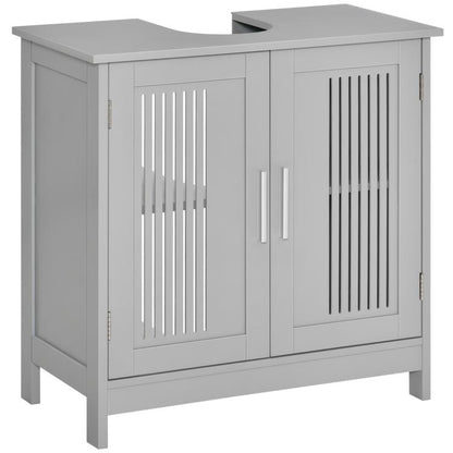 Grey bathroom storage cabinet with two door panels and vertical slat inserts, side view.