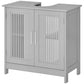 Grey bathroom pedestal storage cabinet with slatted doors, central handle and open top cutout.