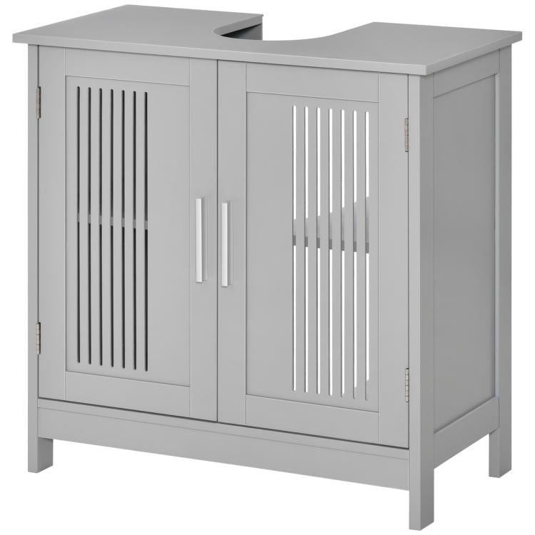 Grey bathroom pedestal storage cabinet with slatted doors, central handle and open top cutout.