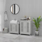 Grey bathroom pedestal storage cabinet with slatted doors and open shelf base