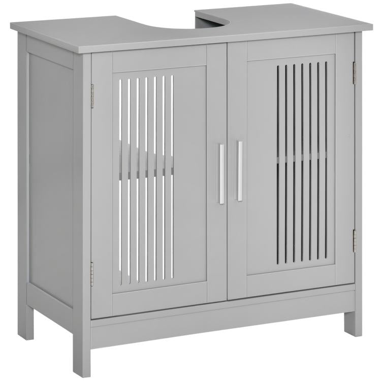 Grey bathroom pedestal storage cabinet with countertop and slatted front doors