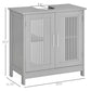 Grey bathroom cabinet with open top space, two slatted doors, and side height measurements.