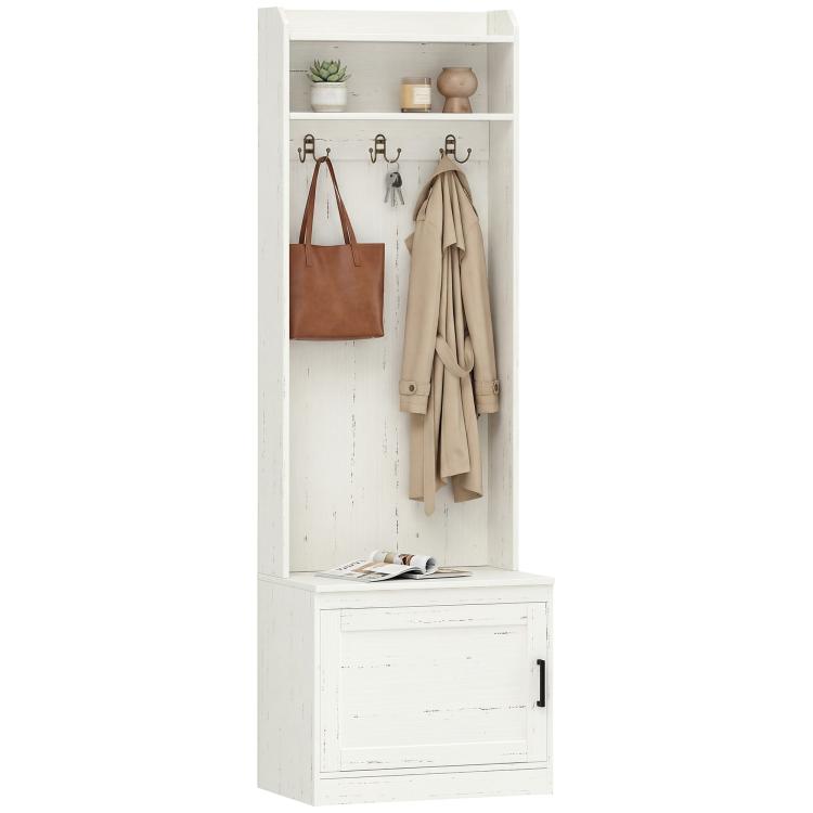 White narrow hall tree with coat hooks, top shelves, and shoe storage bench