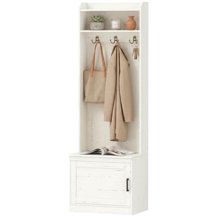 White entryway coat tree with hanging hooks and open shelf above shoe bench
