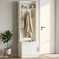 White narrow hall tree with coat hooks, open shelves, and shoe storage bench with door