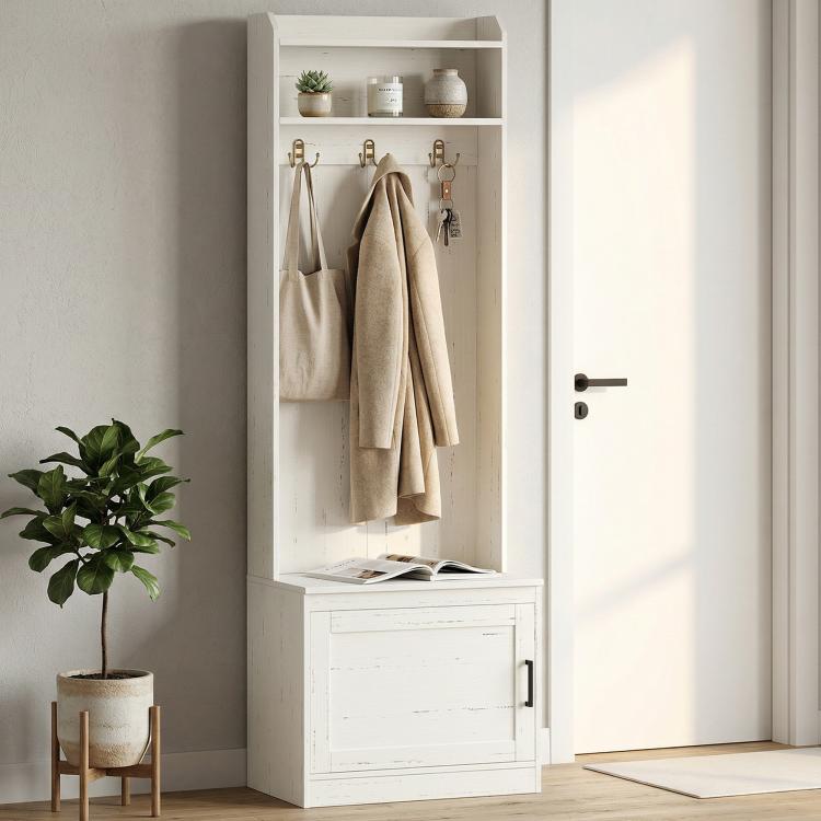 White narrow hall tree with coat hooks, open shelves, and shoe storage bench with door